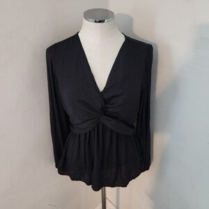 PLEIONE Womens Black Long Sleeve V Neck Twist Front Dotted Peplum Top Size S